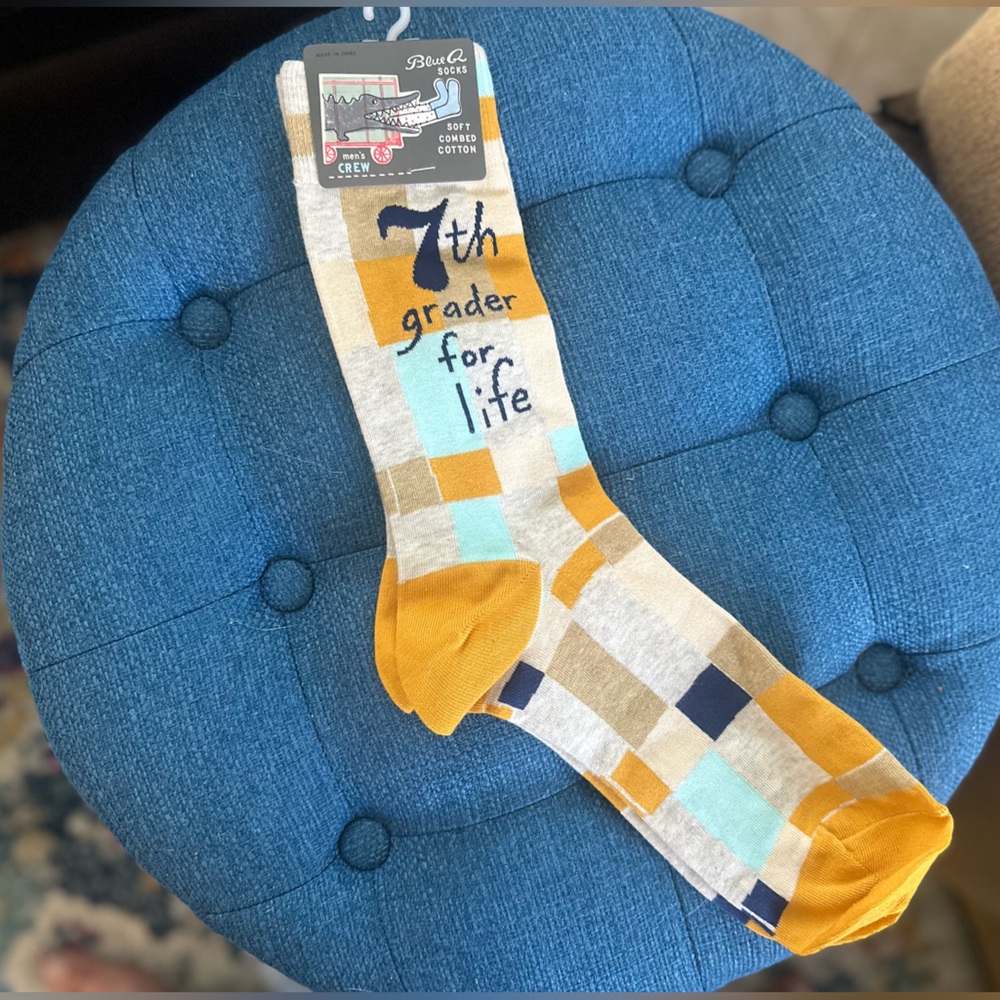 2 for$20 😊 Blue Q 7th Grader for Life Checkered Socks - Yellow and Blue